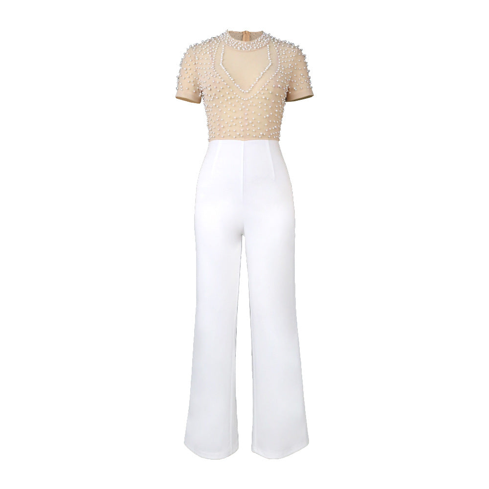 Round Neck Sleeve Beaded Casual Style High Jumpsuits
