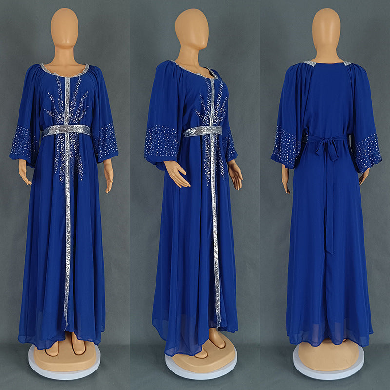 Women's Rhinestone Dress Chiffon Puff Sleeve Containing Dresses