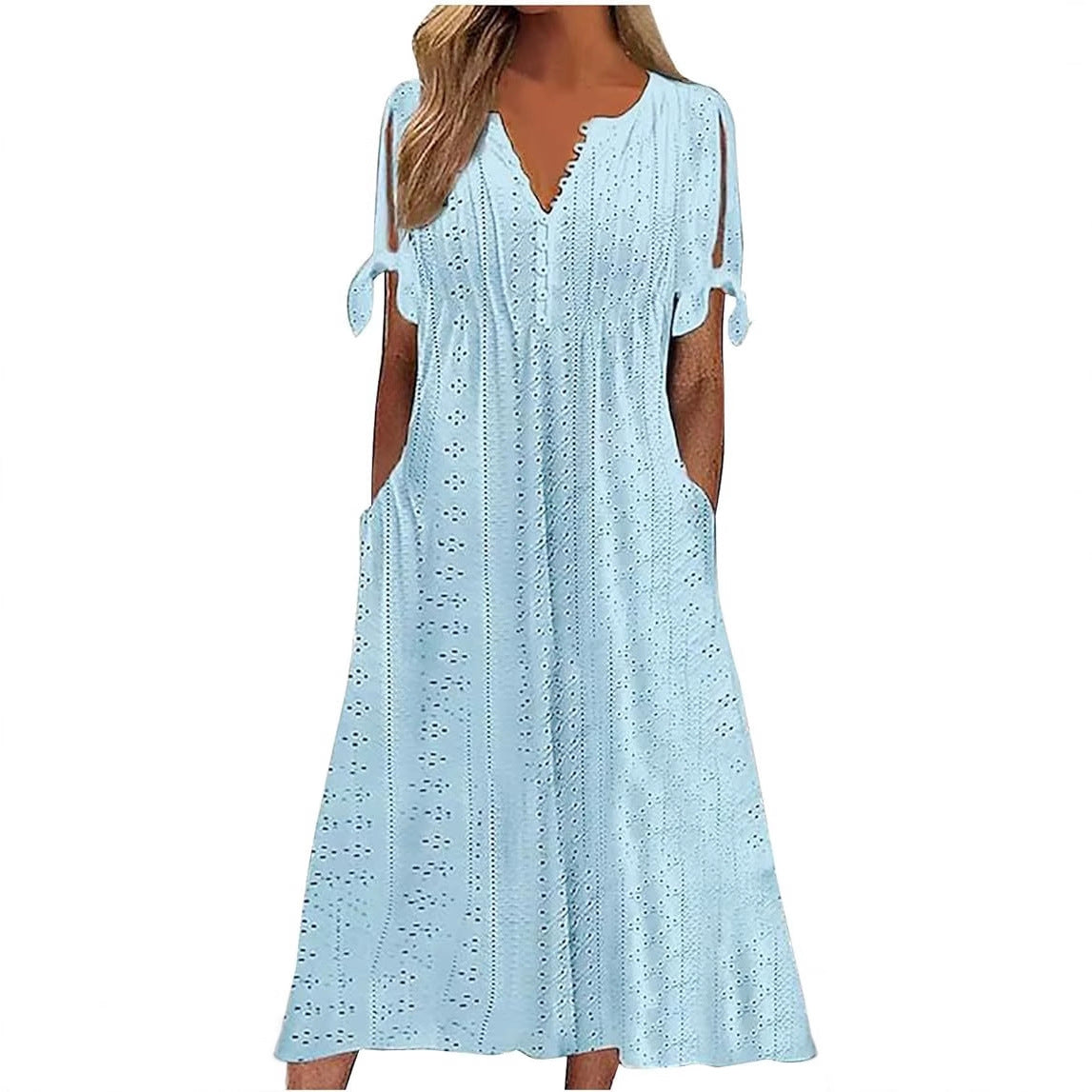 Women's Single Breasted Cuff Knotted Sleeve Eyelet Dresses