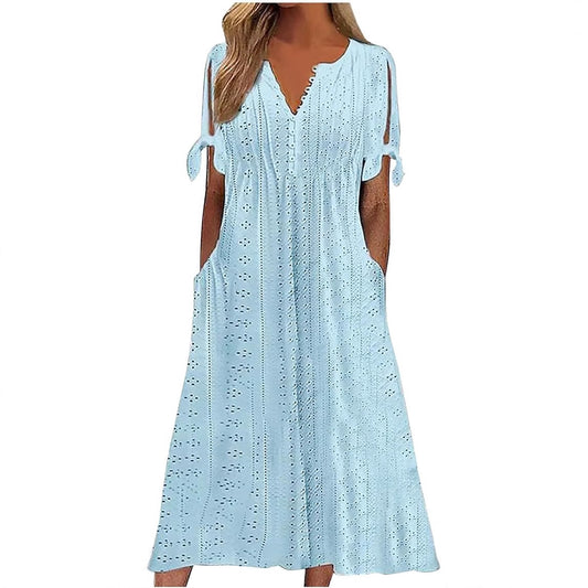 Women's Single Breasted Cuff Knotted Sleeve Eyelet Dresses