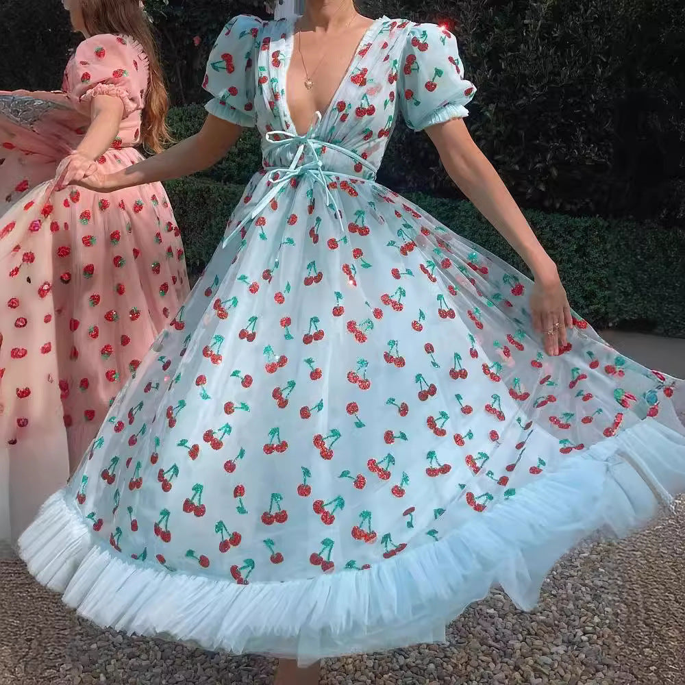 Dress French Strawberry Two-color Sequined Mesh Dresses