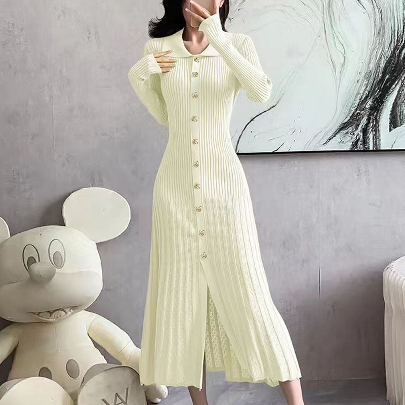 Collar Gold Buckle Woolen Long Dress Dresses