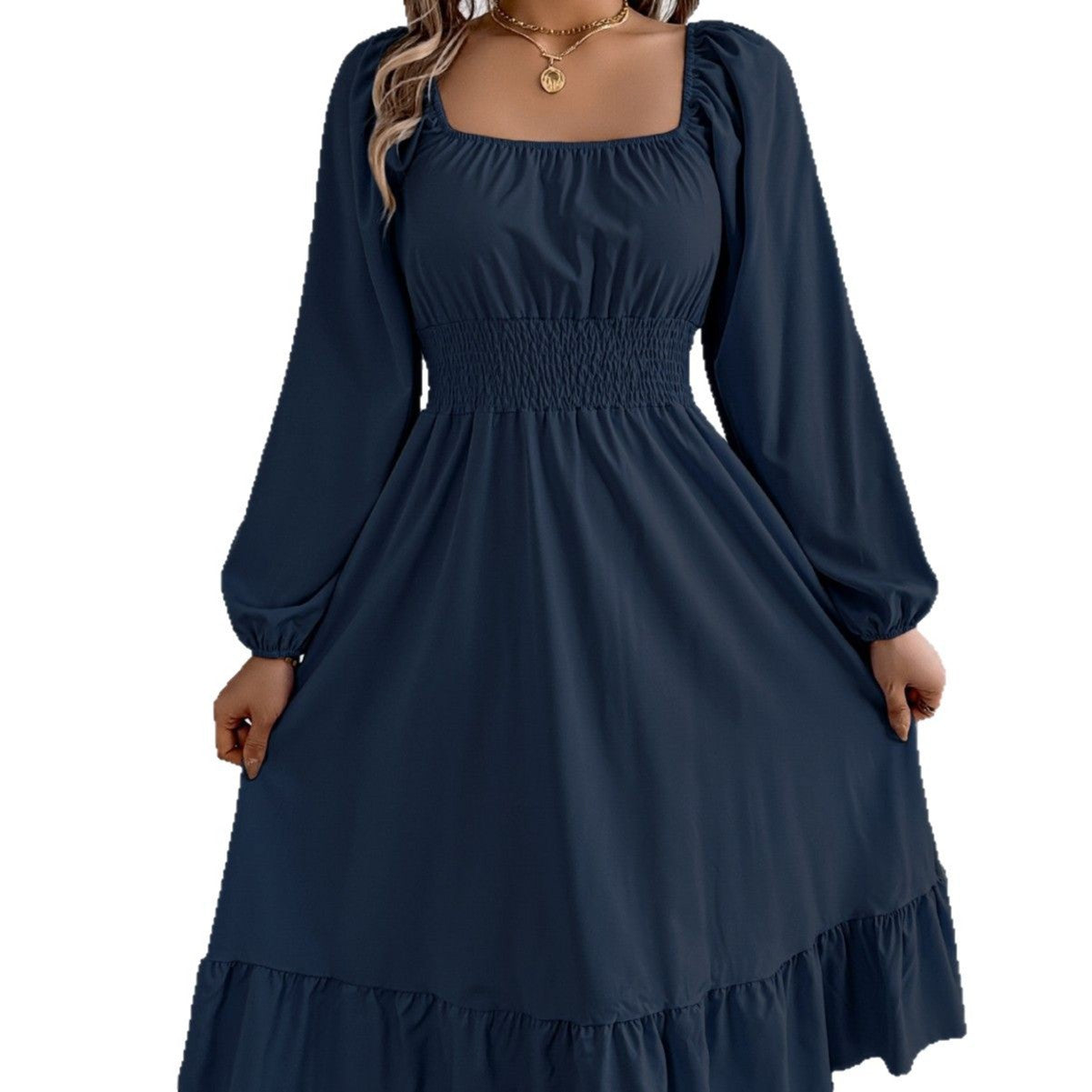Women's Color Square Collar Long Sleeve Waist Trimming Clothing