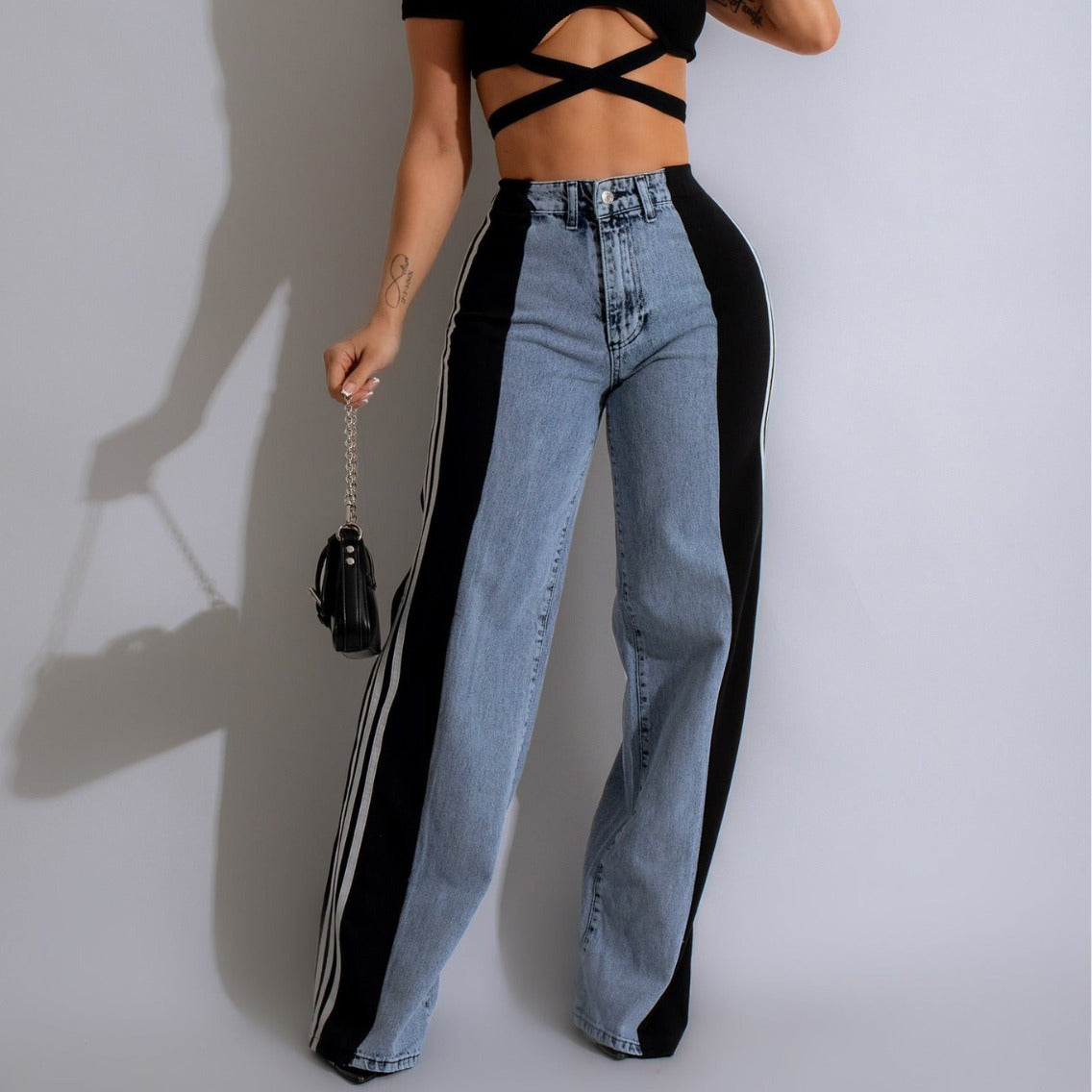 Women's Striped Wide Leg Denim Trousers Casual Jeans
