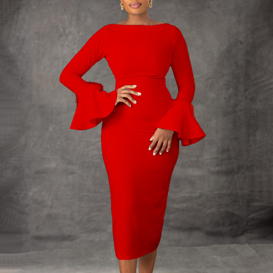 Women's Winter Fashion Solid Color Sheath Bell Sleeve Dress