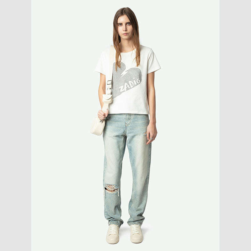 Women's French Small Big Heart Letter Hot Rhinestone Blouses