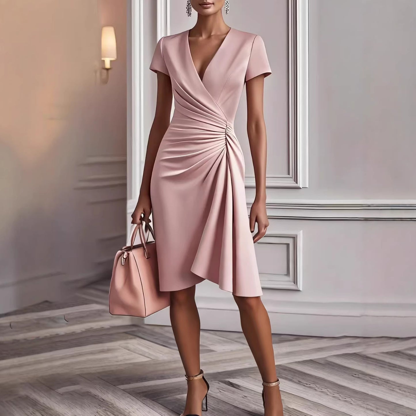 Women's Slimming Solid Color Hip Long Sleeve V Dress