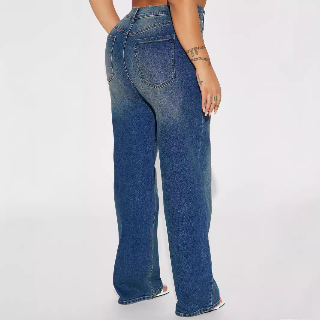 Women's Stretch Fashion Personality Street Washed Polo Jeans