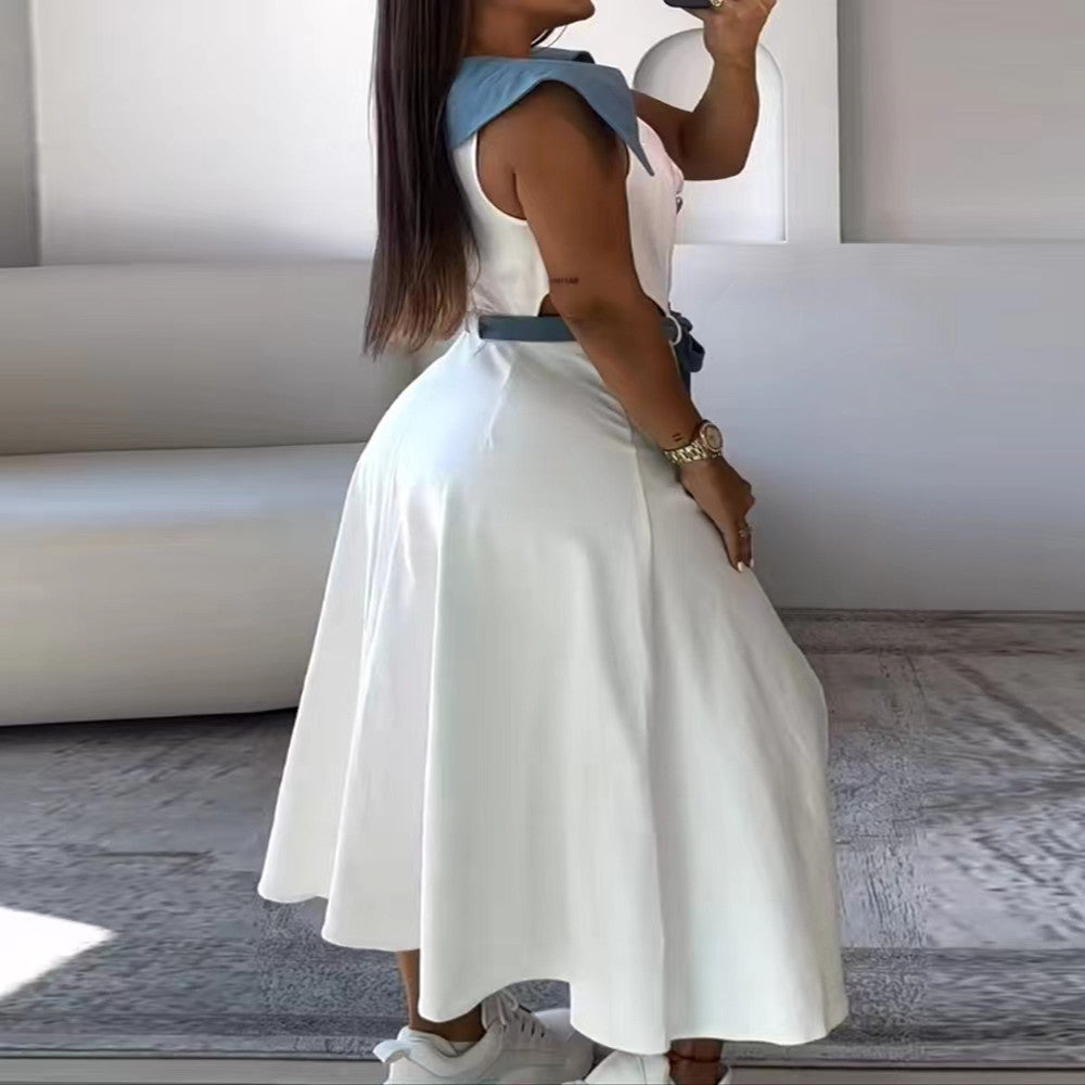 Summer Lapel Split Solid Color Belt Dress