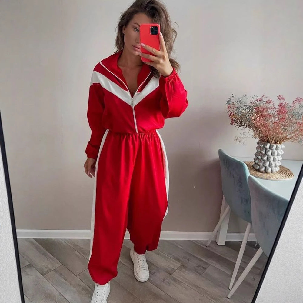 Women's Long Sleeve Contrast Color Sport Trousers Suits