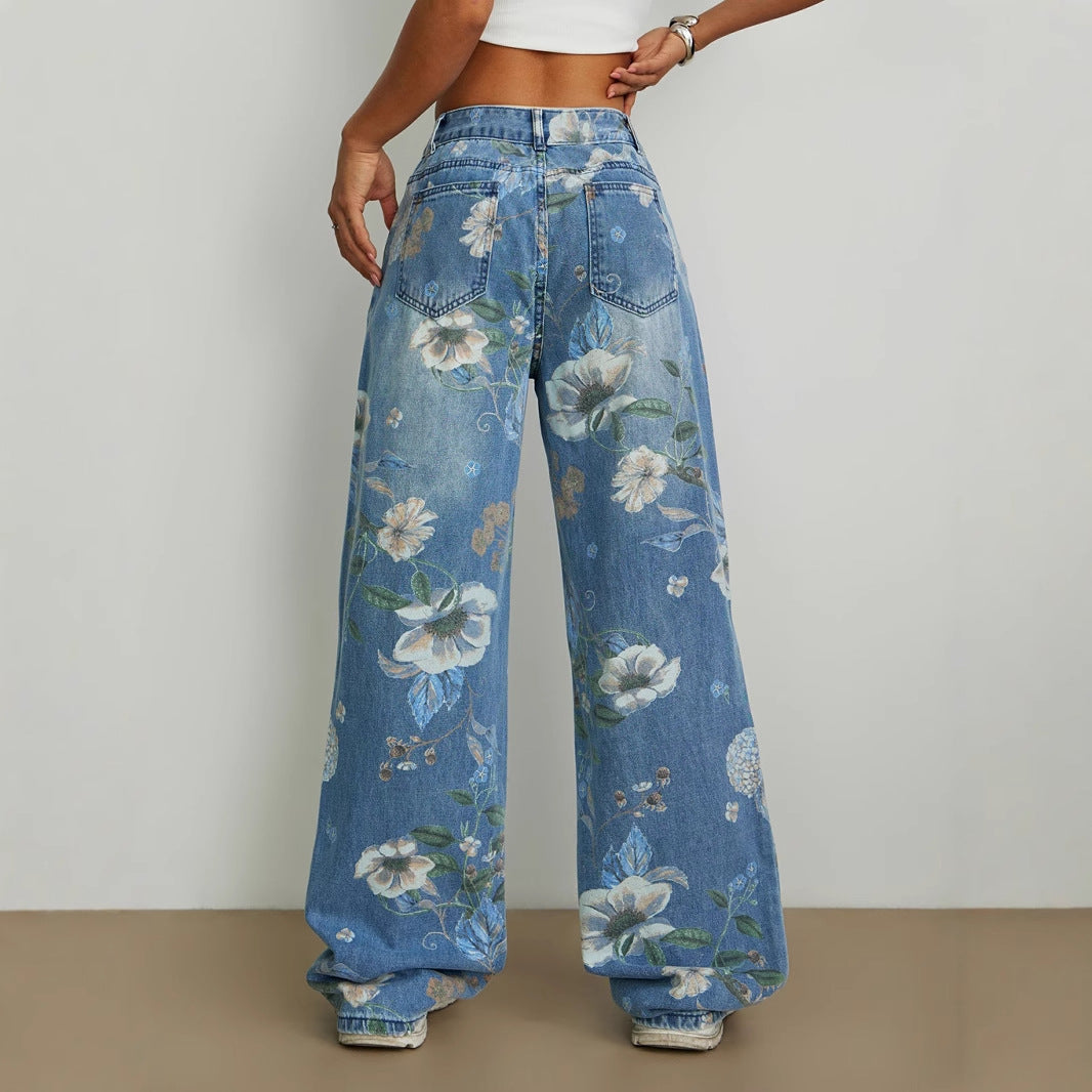 Street Fashion Loose Straight Printed Denim Jeans
