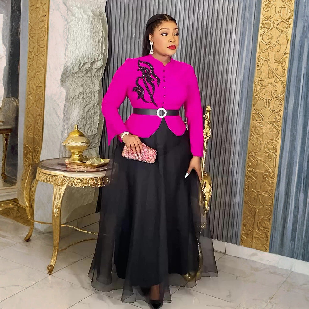 Women's Fashion Long Sleeve Button Two-piece Crystals Dresses