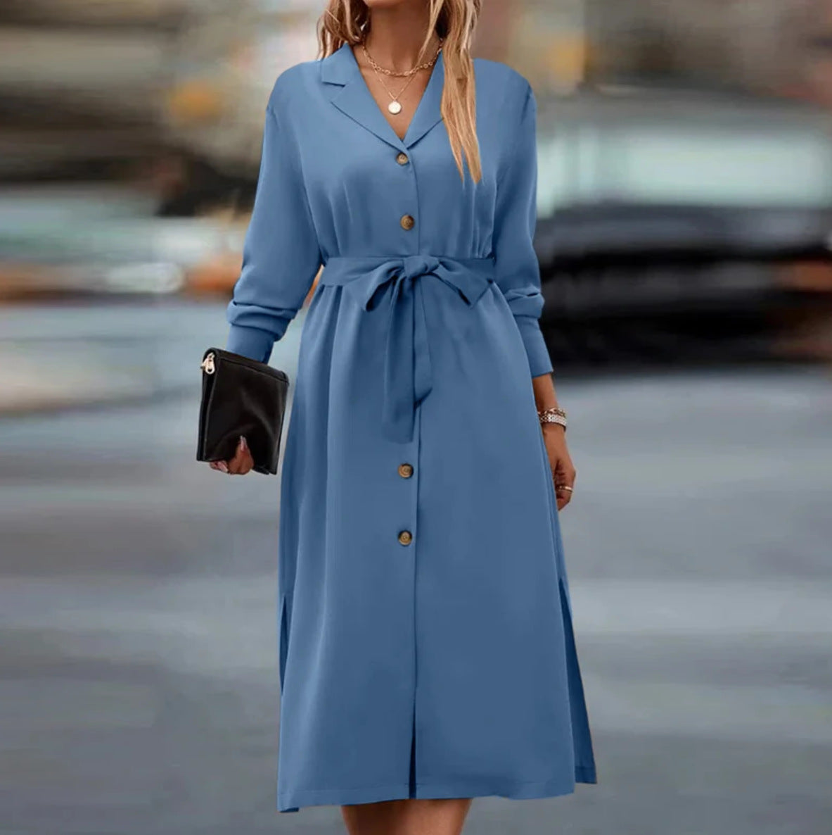 Women's Solid Color Lapel Tied Long Sleeve Dresses