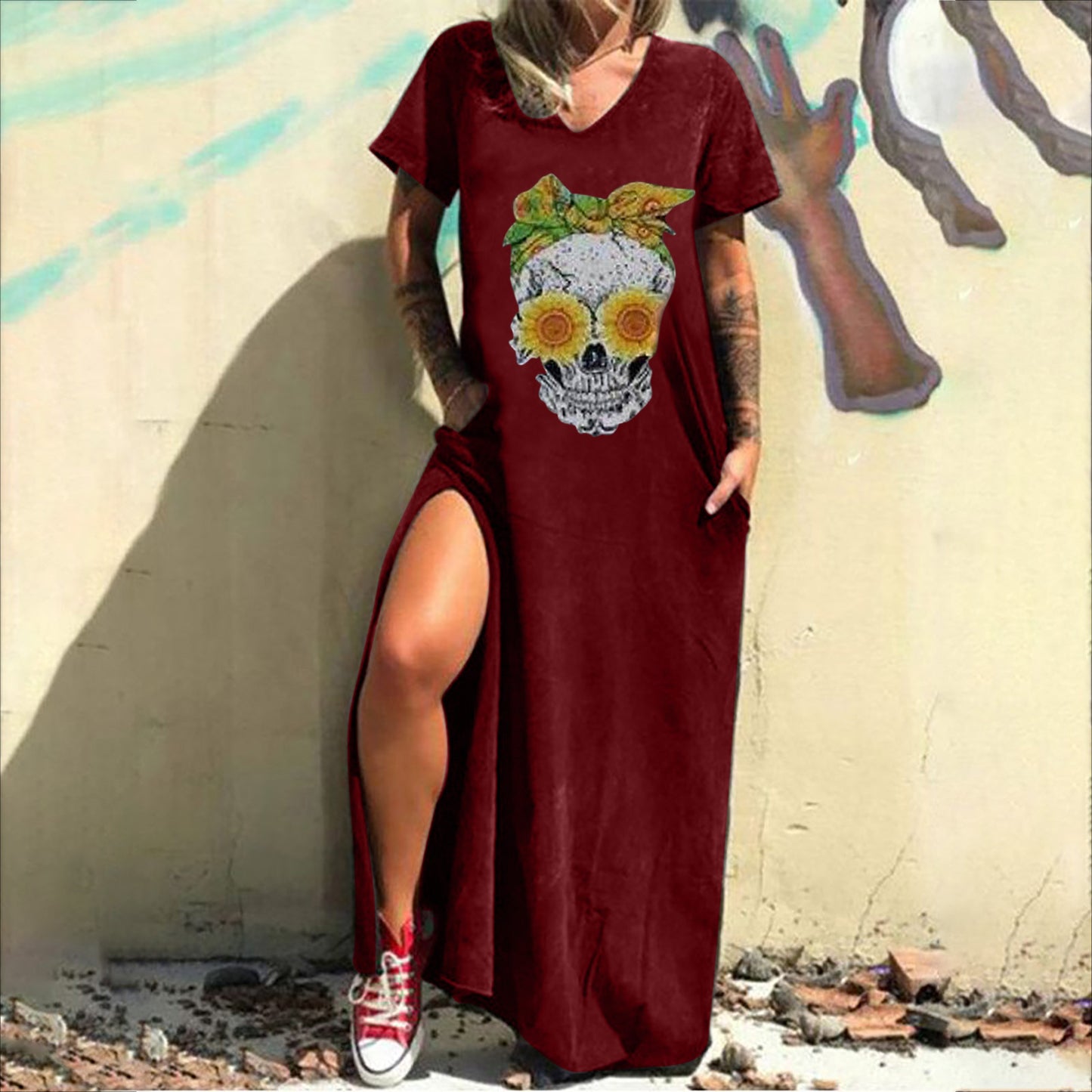 Skull Print Street Fashion Sleeve Slit Shorts