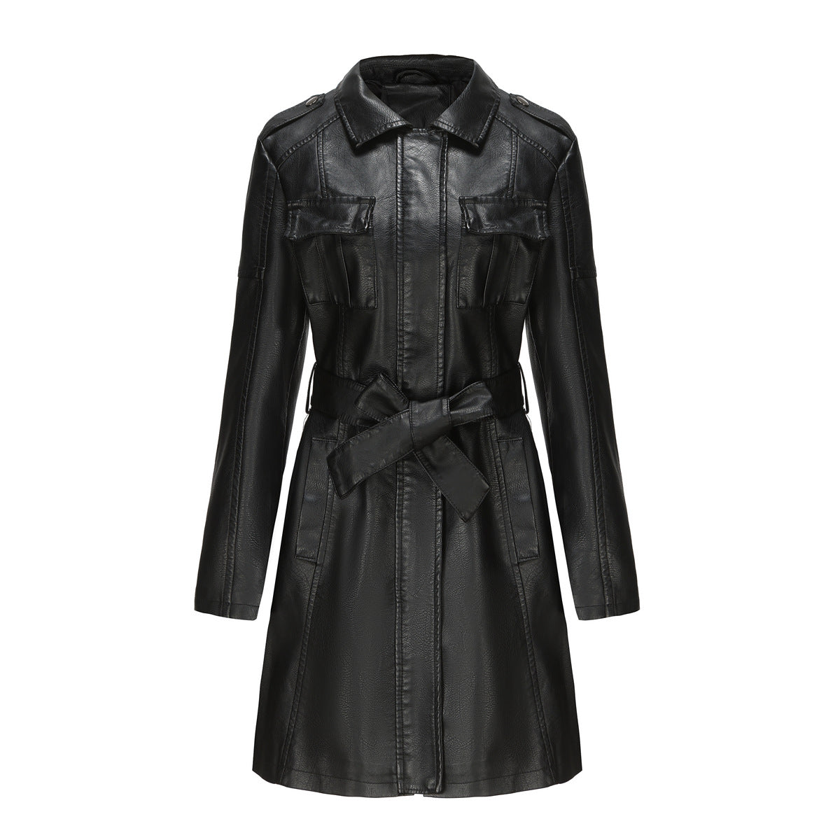 Women's Leather Including Belt Long Sleeve Wind Fashion Jackets
