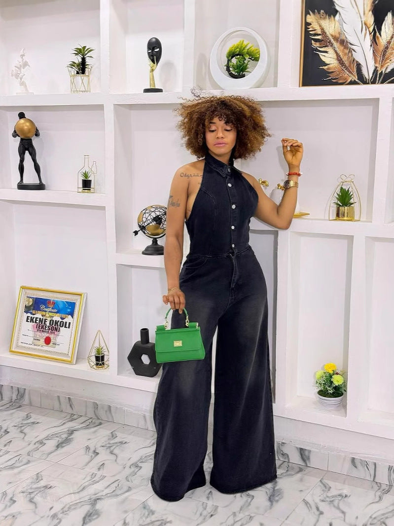 Women's Summer Lapel Halter Single-breasted Backless Denim Jumpsuits