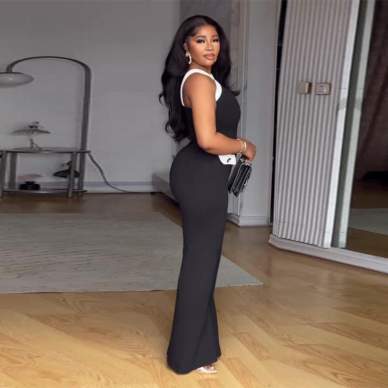 Women's Shoulder Strap Fashion Sleeveless Black Straight Jumpsuits