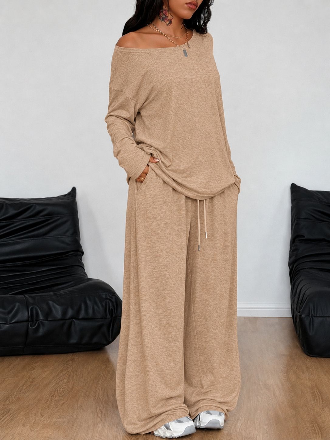 Women's Diagonal Collar Wide Leg Solid Color Fashion Casual Suit