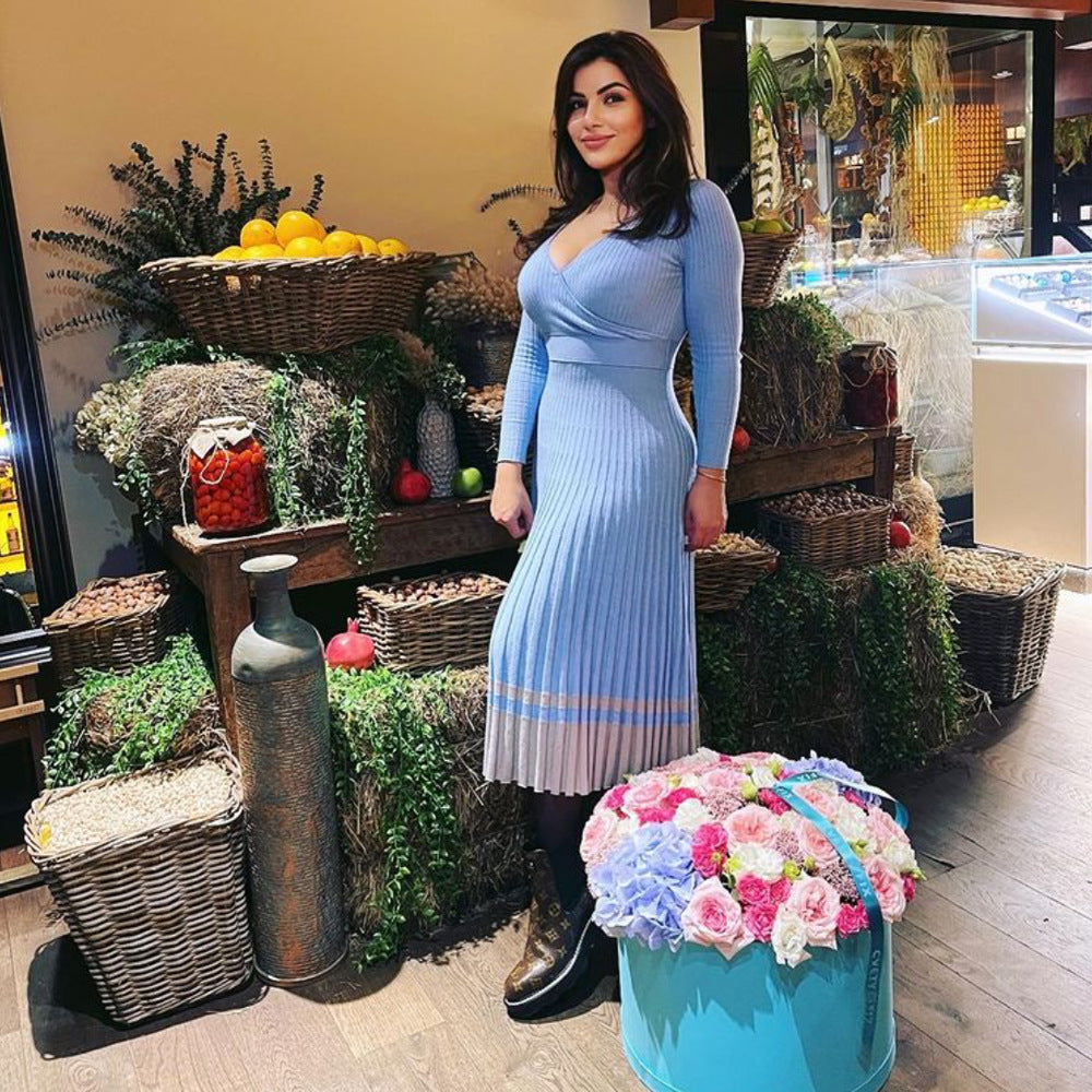 Women's Sexy Cross Knitted Pleated Dress Long Dresses