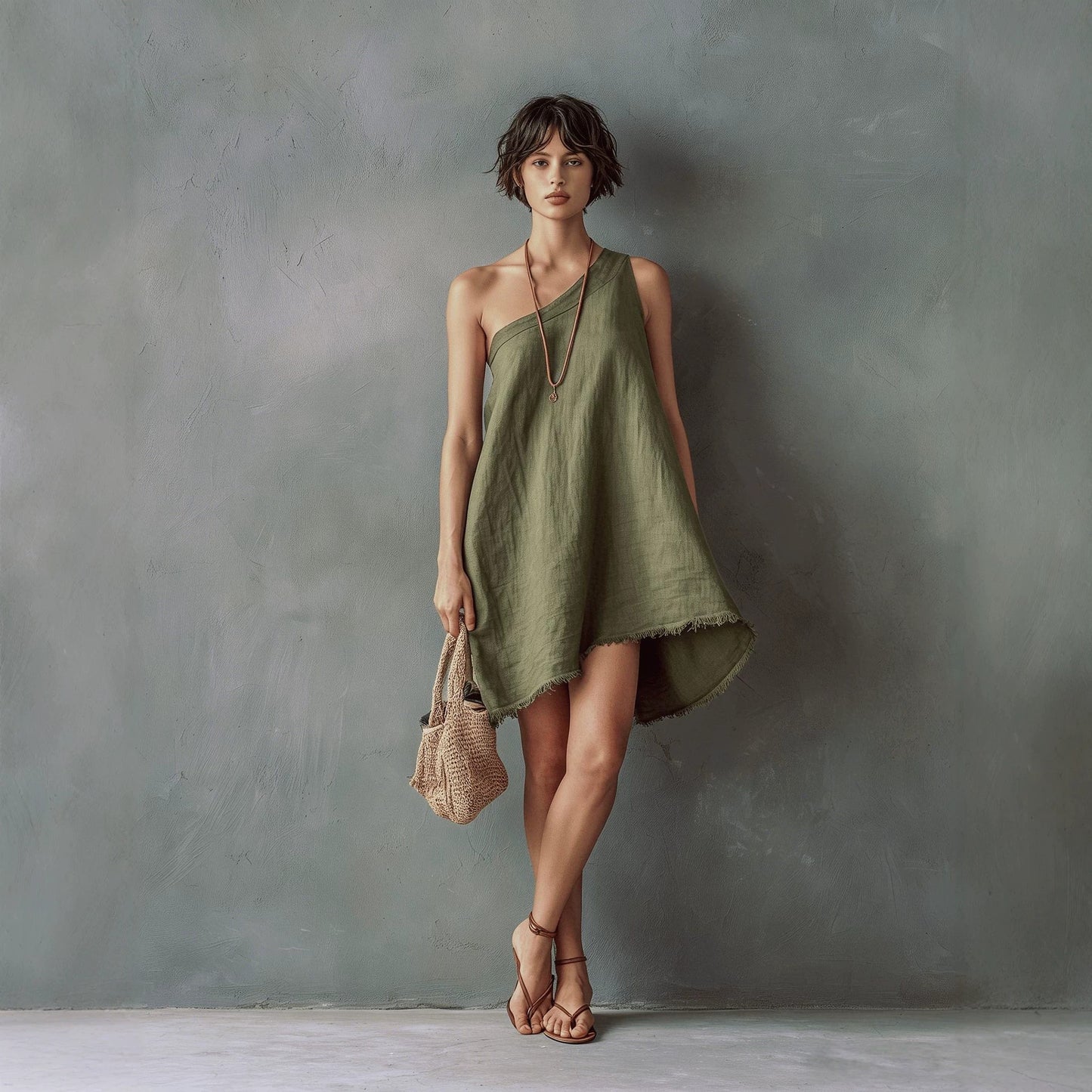 Women's Minimalist Linen Blend Shoulder Sleeveless Frayed Dress