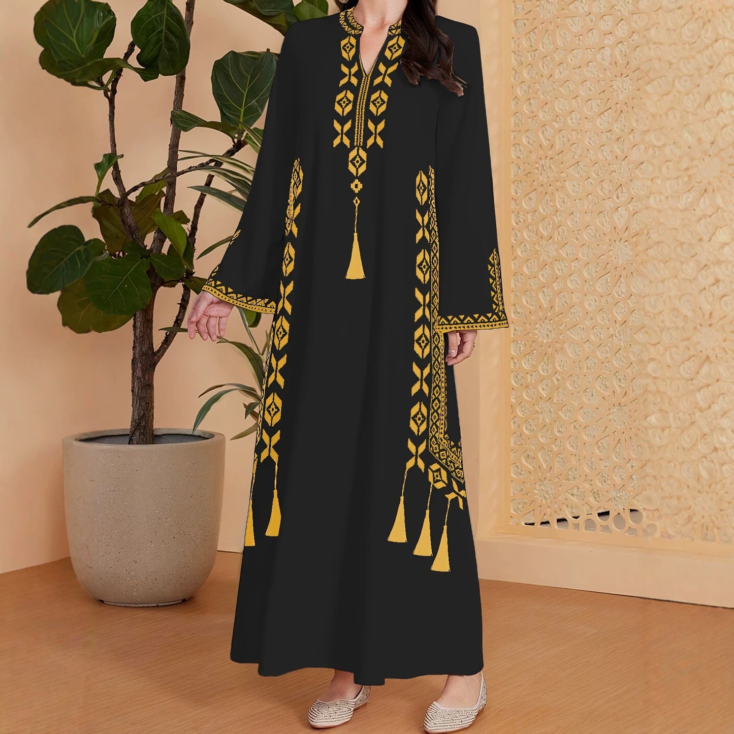 Women's Ethnic Embroidered Robe Loose-fitting Long Sleeves A- Line Dress