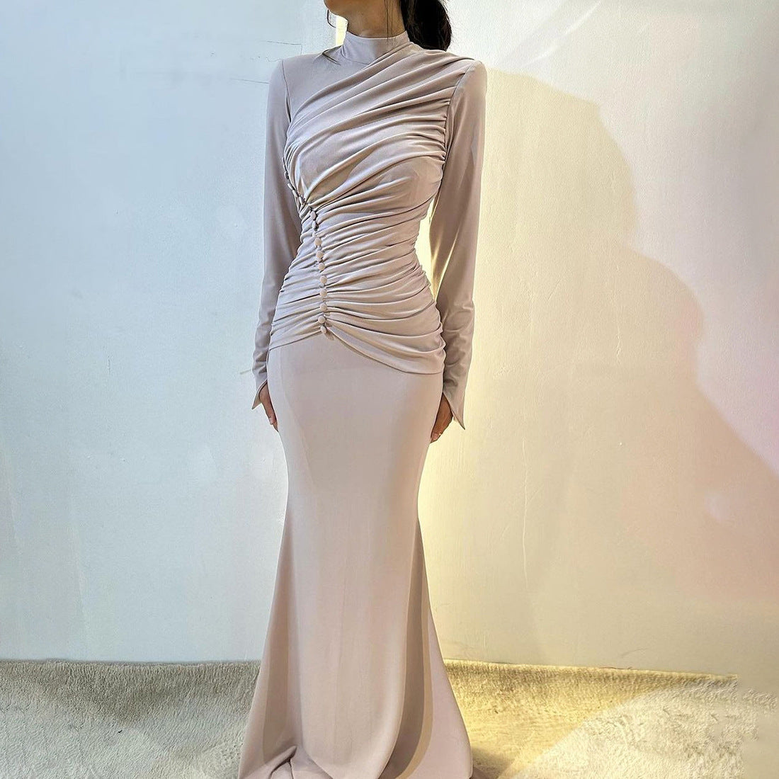 Women's High Waist Crimp Elegant Graceful Long-sleeved Dresses