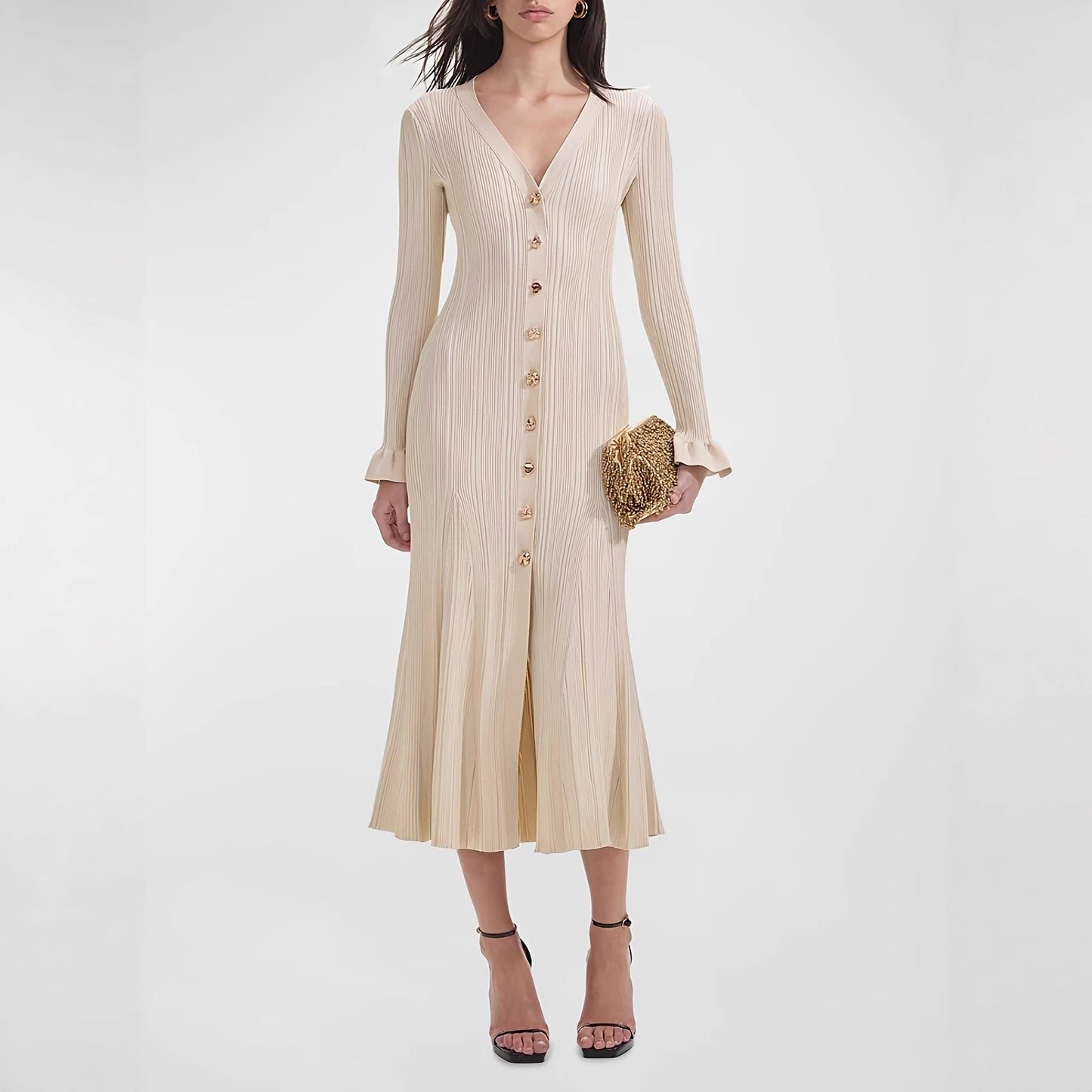 Women's French Style Long Gold Line Buckle Sleeve Dress