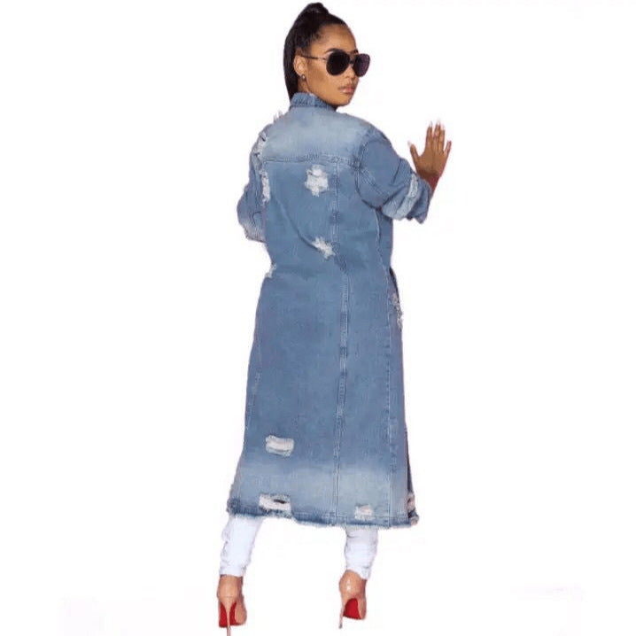 Glamorous Loose Hole Denim Long Cloak Coats