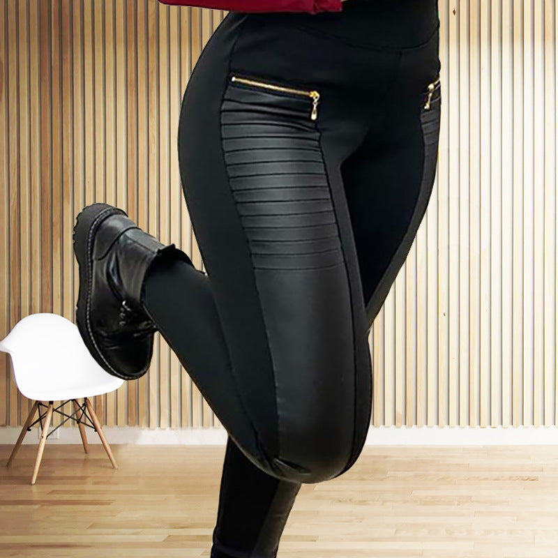 Women's Clothes Casual Black Color Imitation Leather Pants