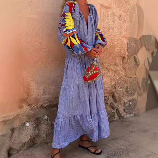 Autumn Long Sleeve Lantern Striped Printed Dresses