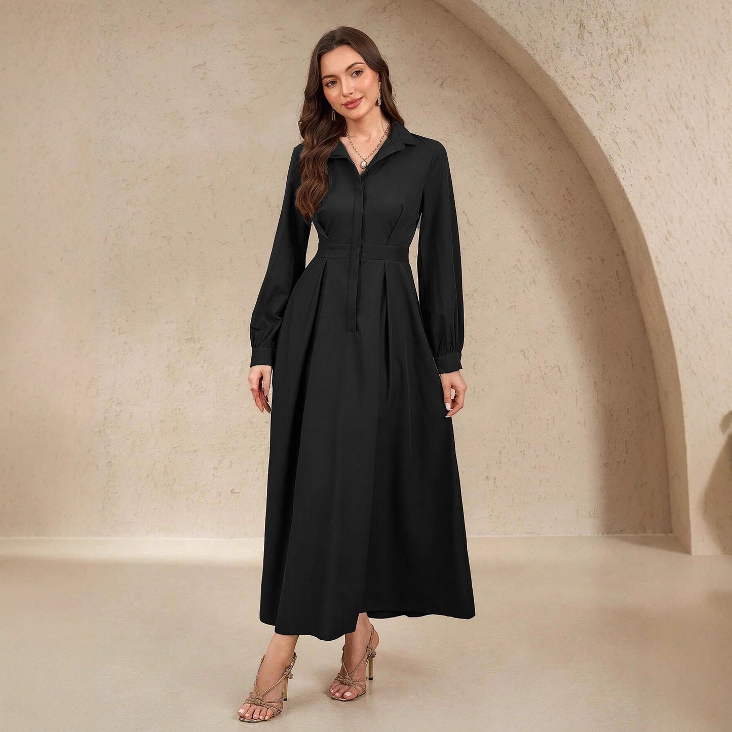 Women's Pocket Elegant Shirt Collar Slimming Solid Color A- Line For Dress