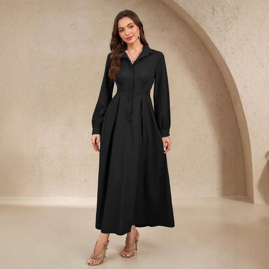 Women's Pocket Elegant Shirt Collar Slimming Solid Color A- Line For Dress