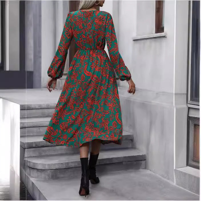 Elegant Floral Printed Slit Fashionable Long Dress