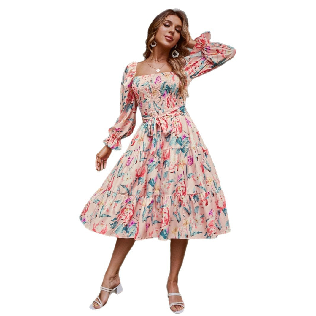 Square Collar Flared Long Sleeve Smocking High Dress