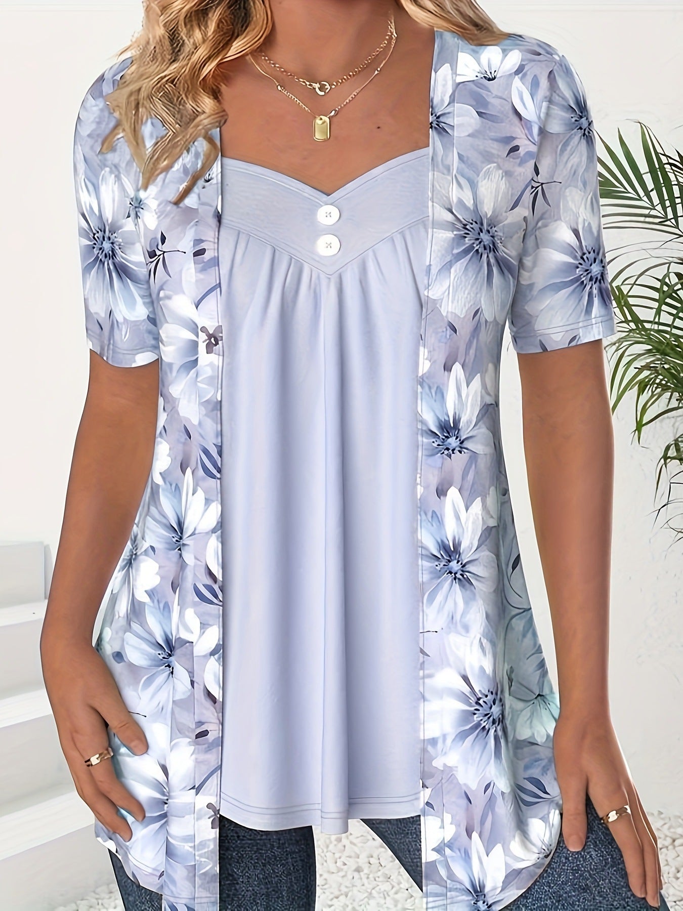 Women's Fake Two Pieces Sleeve Printed Fashion Blouses