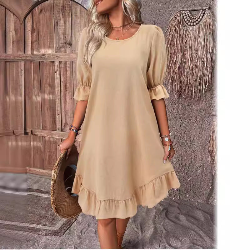 Women's Cotton Linen Half Sleeve Round Neck Solid Color Loose Big Dress
