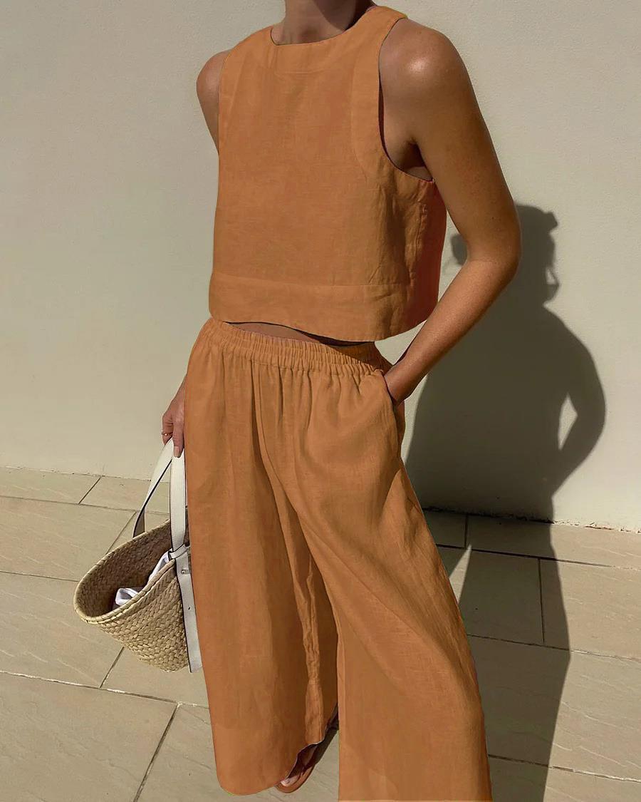 Loose Solid Color Sleeveless Shirt Trousers Fashion Casual Suit