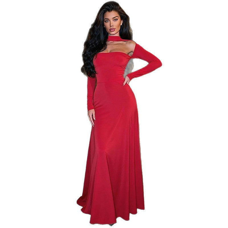 Women's Fashion Solid Color Sexy Tube Long Sleeve Waist Slim Temperament Dress