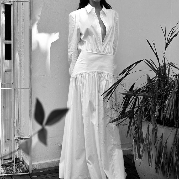 Women's Commuter Pleated A- Line Dress Lapel Long Dresses