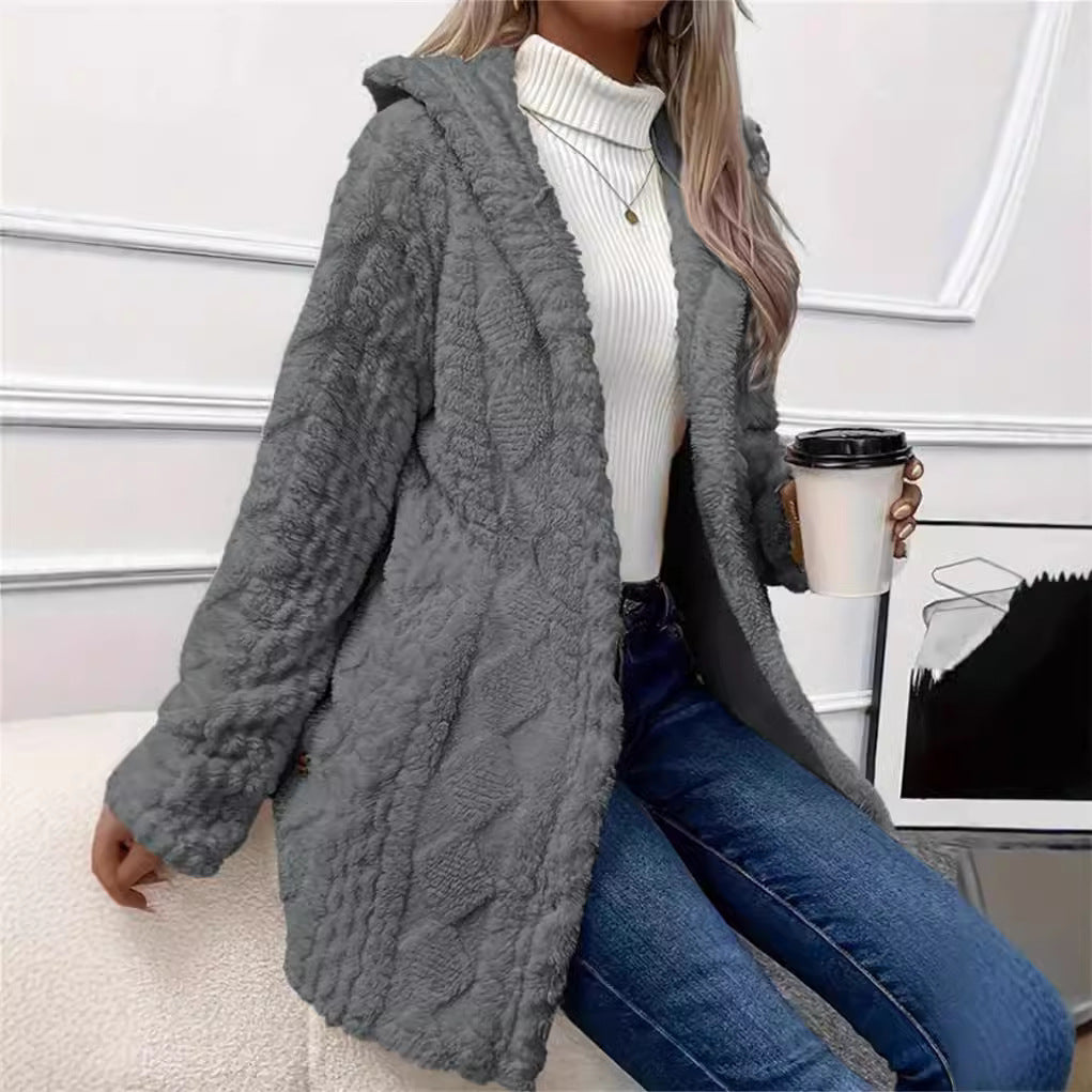 Women's Solid Color Single-breasted Plush Hoodie Fashion Jackets