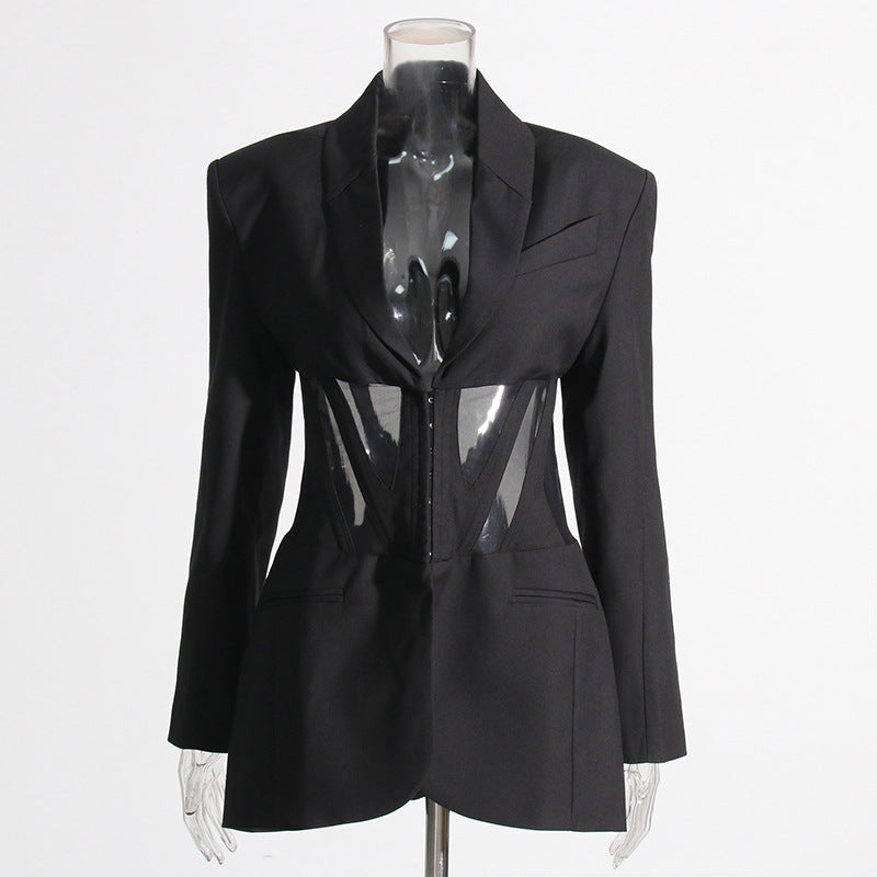 Women's Fishbone Waist Mesh Stitching Design Black Blazers