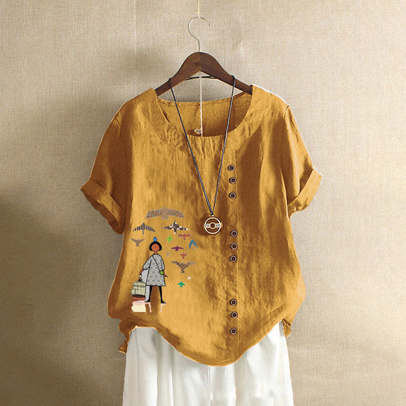 Women's Retro Cotton Linen Printed Casual Shirt Blouses