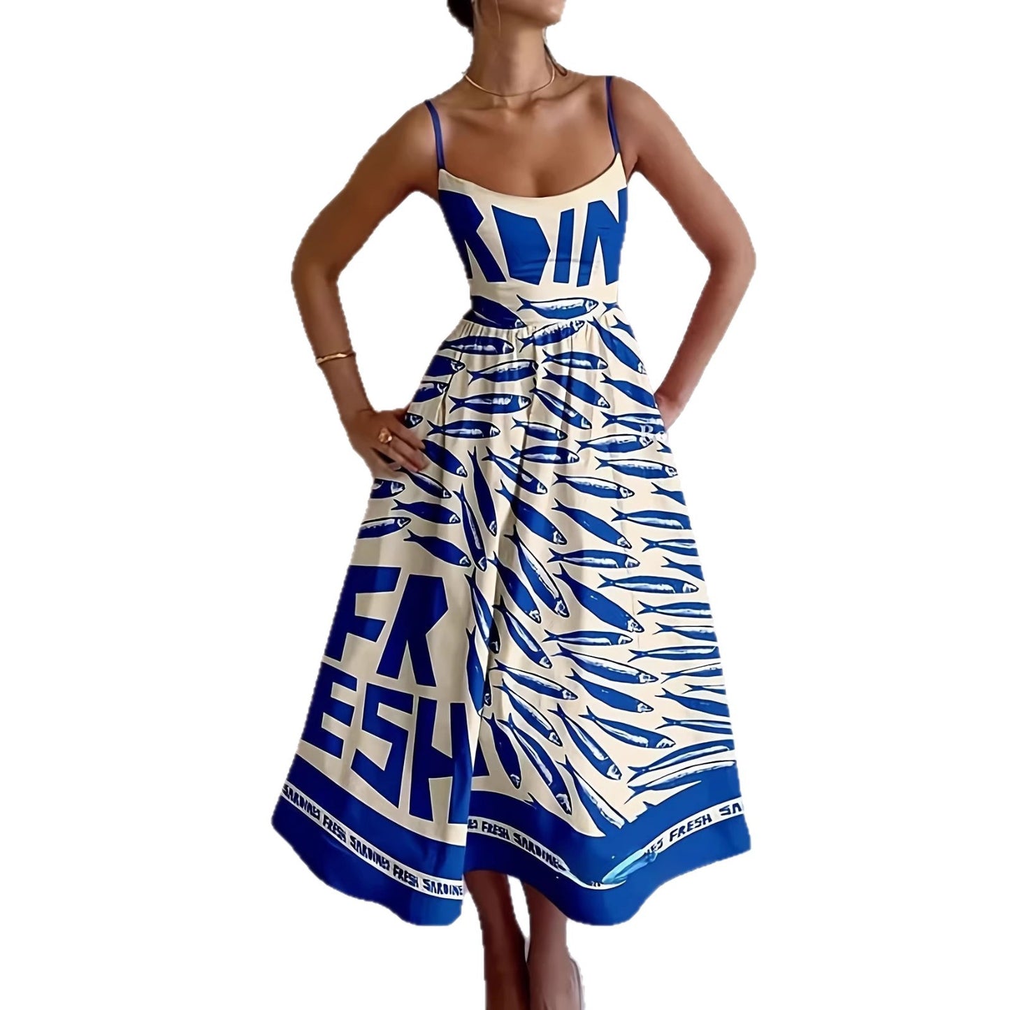 Women's Sense Printed Pleated Suspender Long Vacation Dress