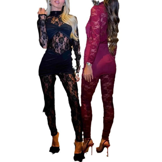 Women's Fashion Sexy Nightclub Mesh Lace Hollow Jumpsuits