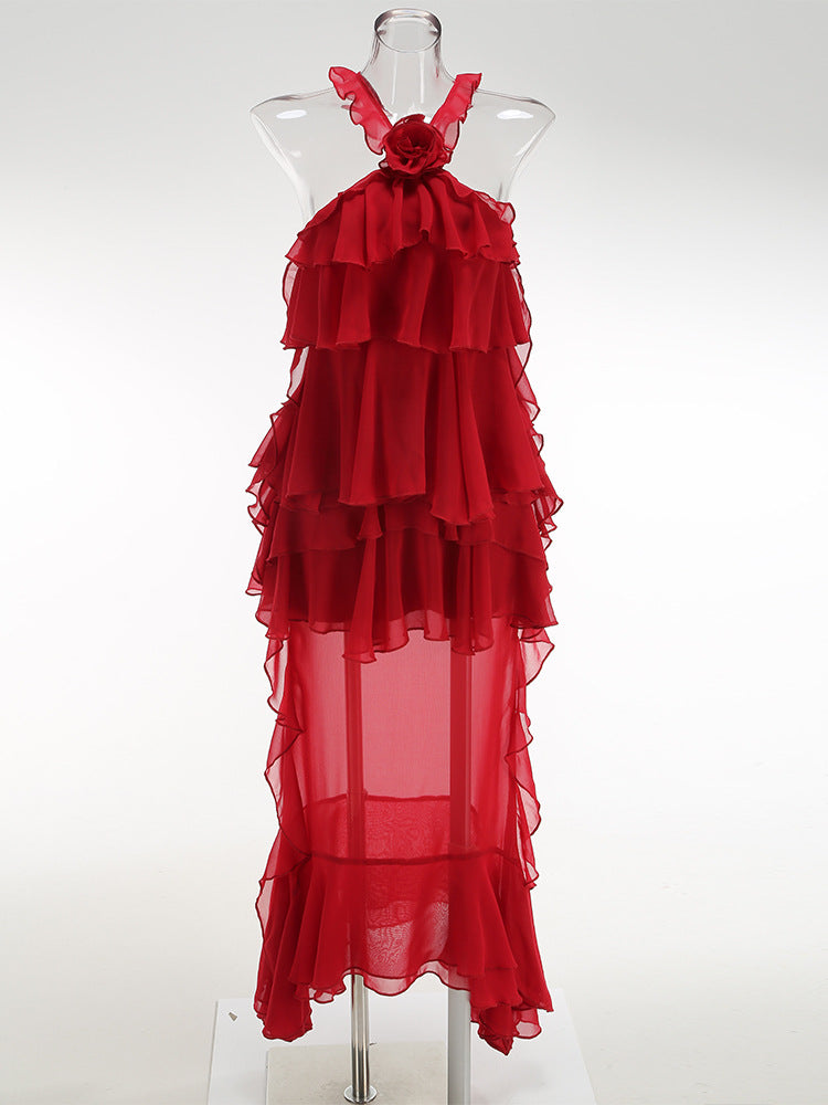 Women's Sexy Ruffles Halter Dress Flower Decorative Dresses