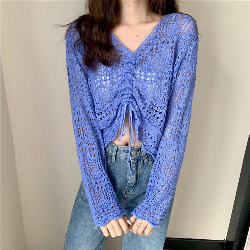 Women's Summer Hollow Korean Drawstring Temperamental Fashion Women's Sweater
