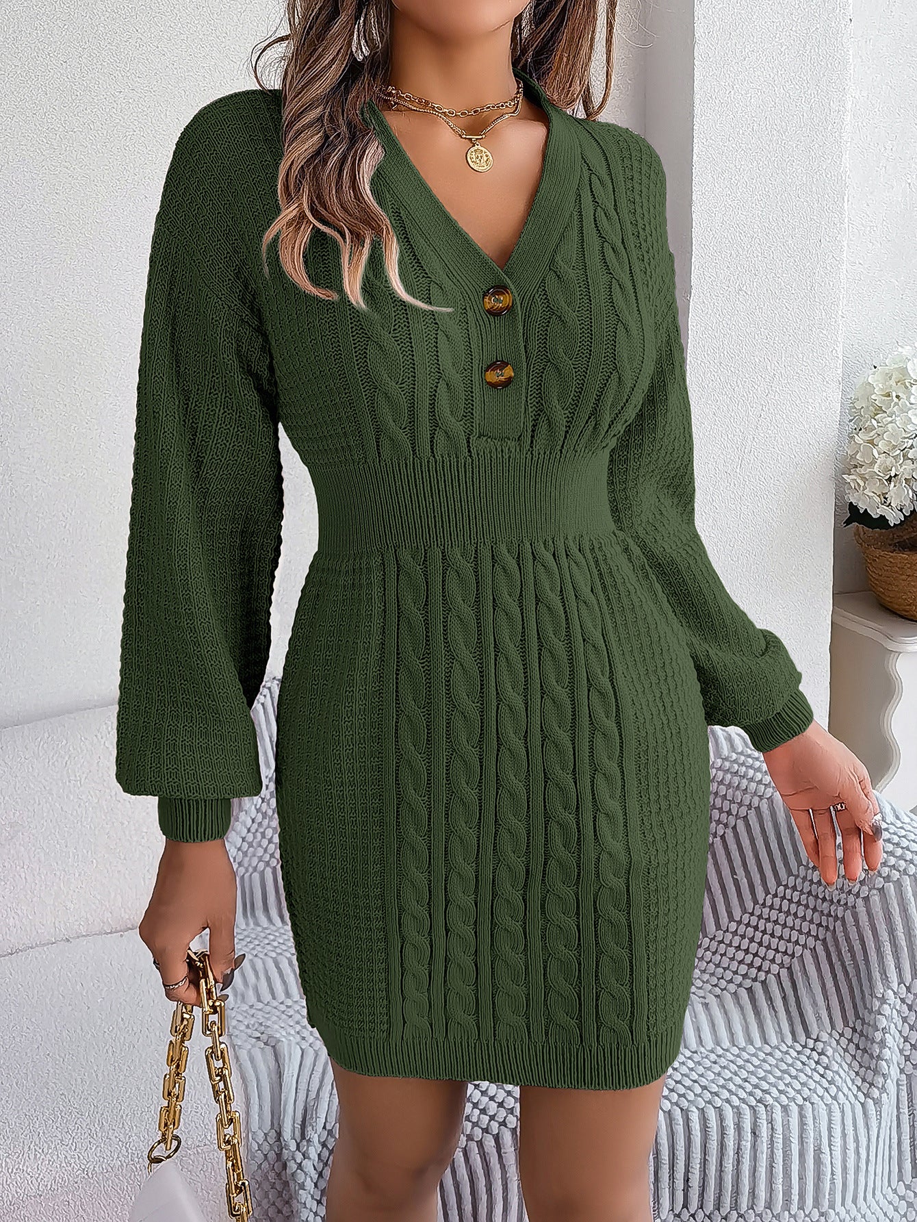 Women's Clearance Button Twist Lantern Sleeve Package Dress
