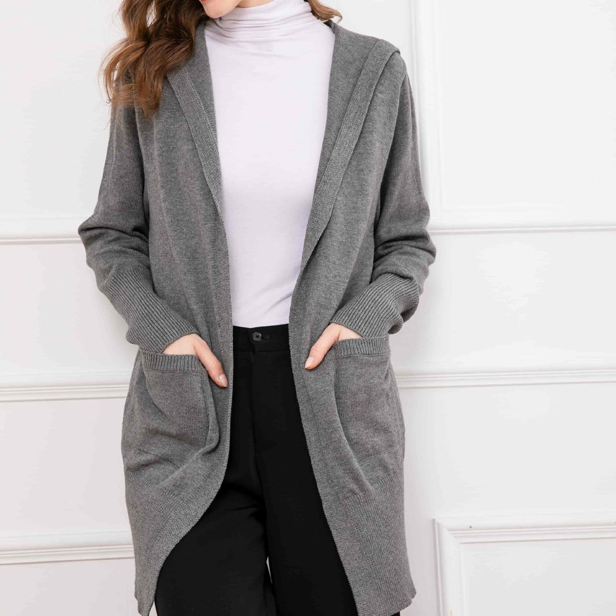 Women's V Loose Outer Wear Mid-length Outerwear Casual Simple Commute Hooded Sweater