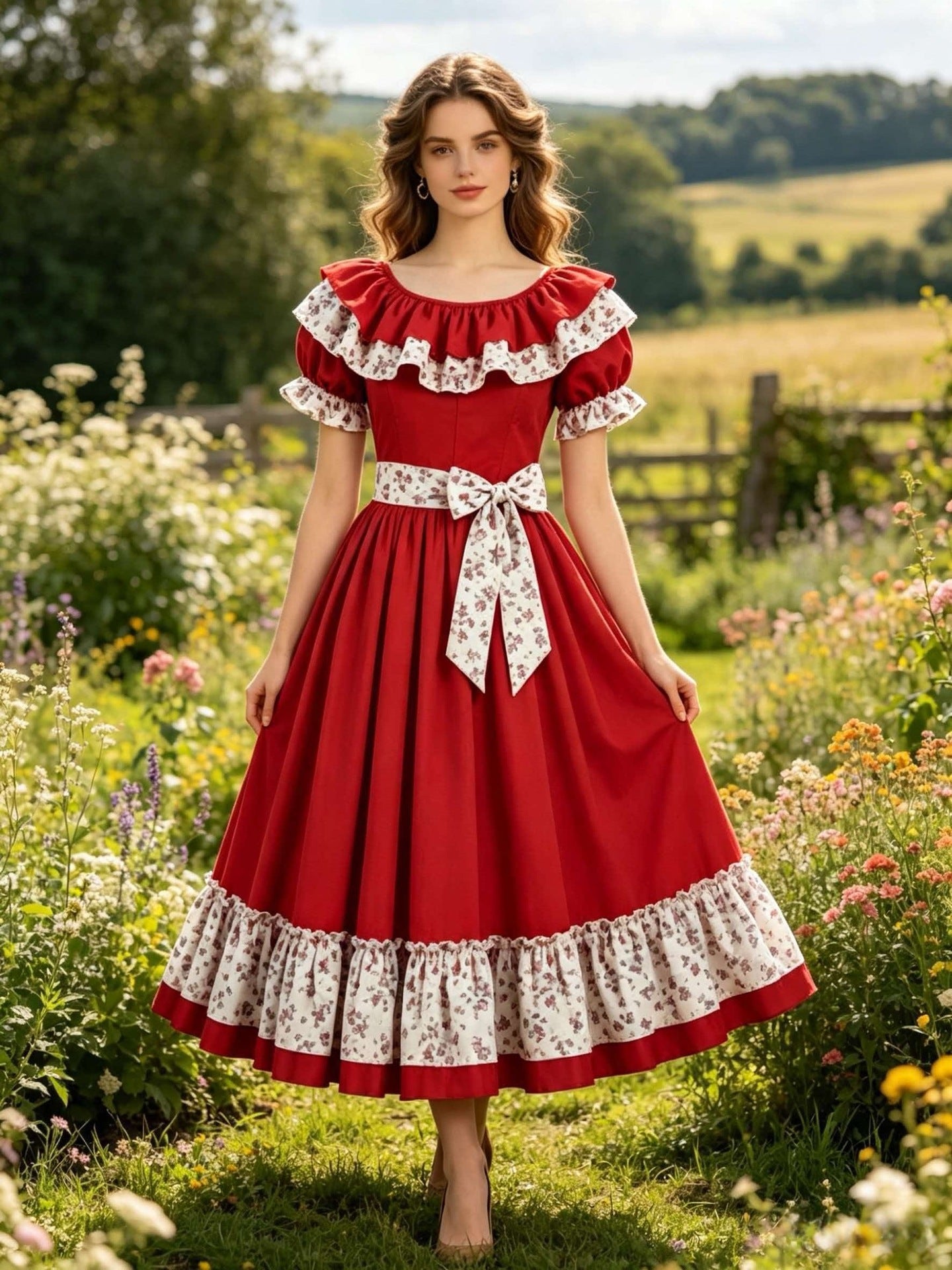 Country Lolita Ruffled Collar Floral Lace Dress