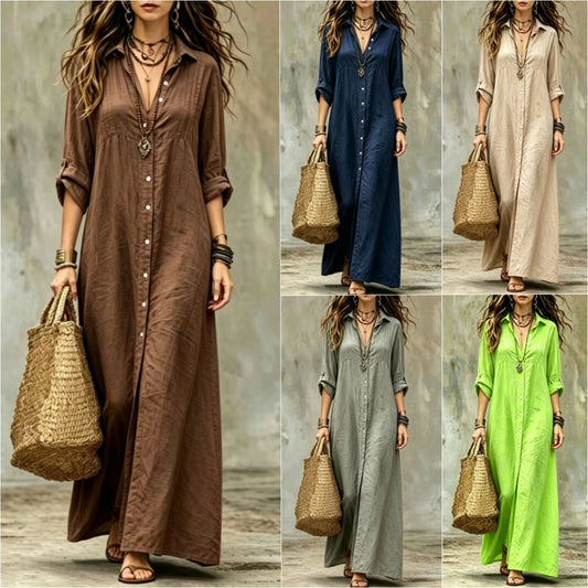 Comfortable Shirt Collar Floor Casual Simple Dress